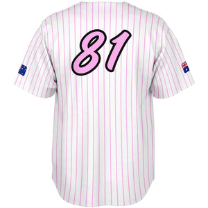 White short-sleeve jersey with thin pink vertical pinstripes, large pink number 81 outlined in black on the back, and small Australian flag patches on both sleeves.