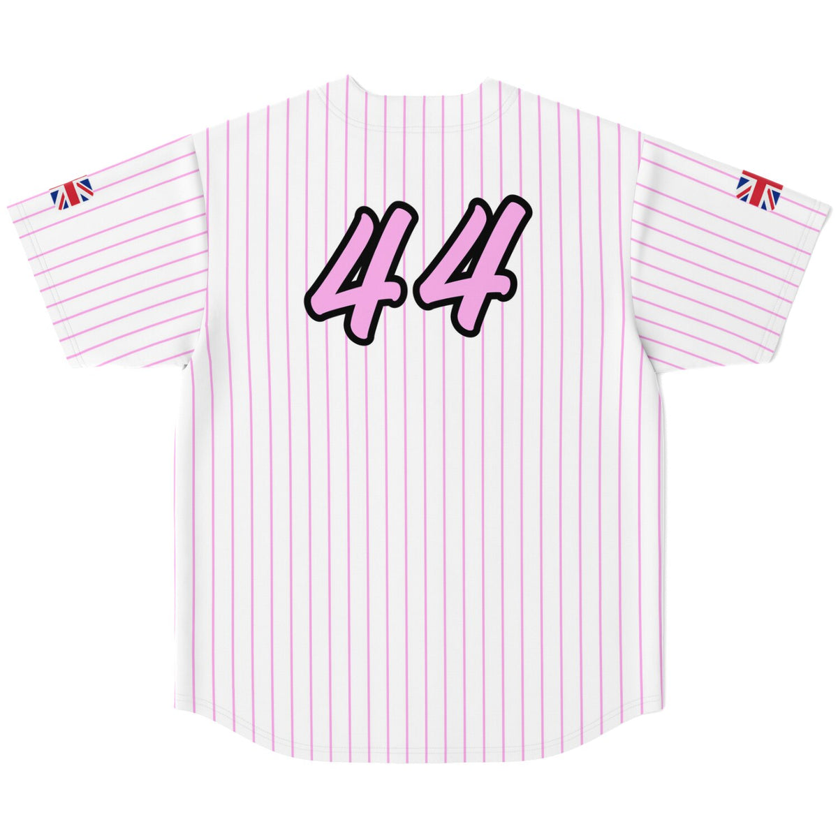 A white short-sleeve sports jersey with thin pink vertical pinstripes, featuring the number '44' in pink with a black outline on the back. Small Union Jack flag patches are visible on both sleeves.