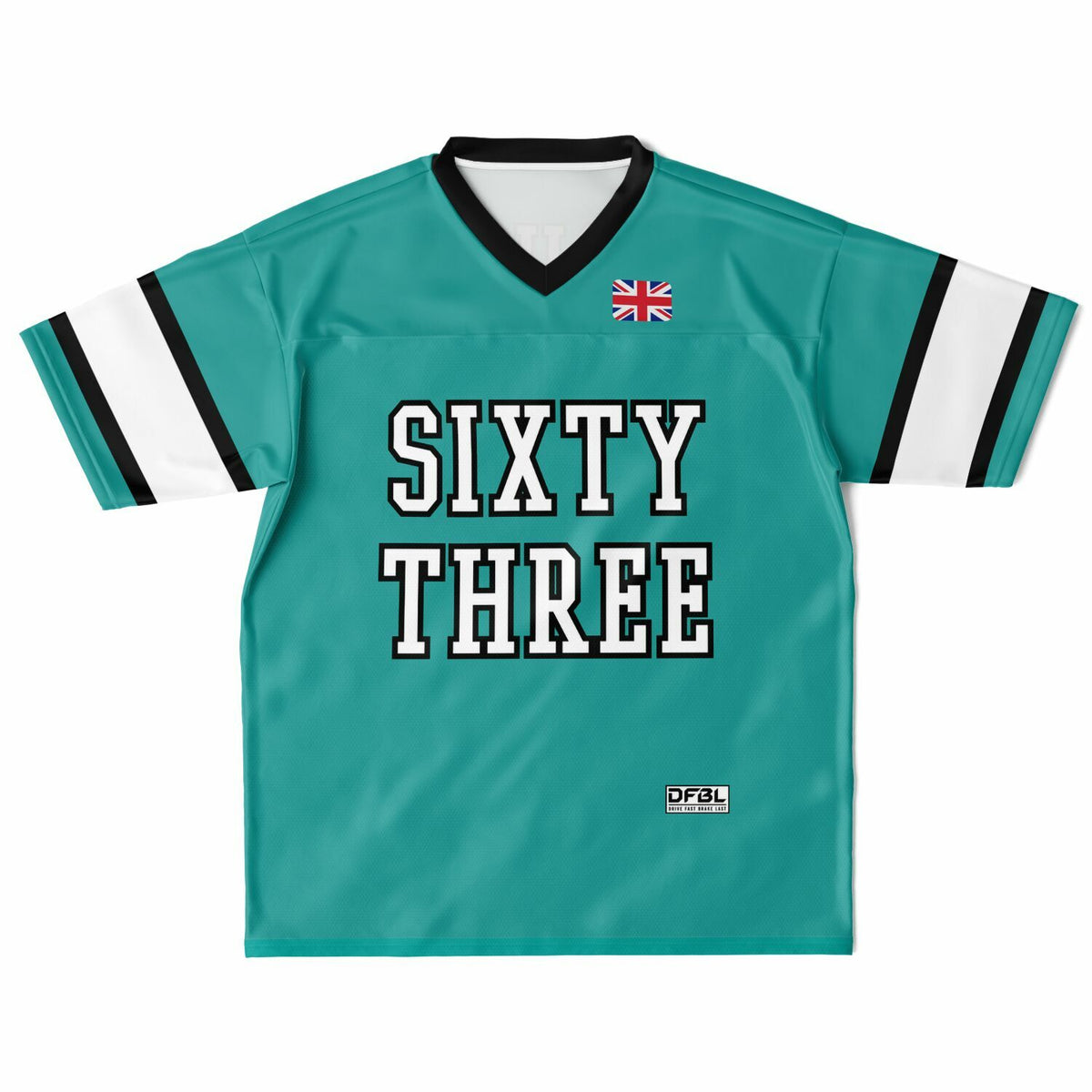 A teal short-sleeve V-neck jersey with 'SIXTY THREE' printed in large white varsity letters across the chest, featuring a small Union Jack flag on the upper right chest and white sleeve stripes with black trim.