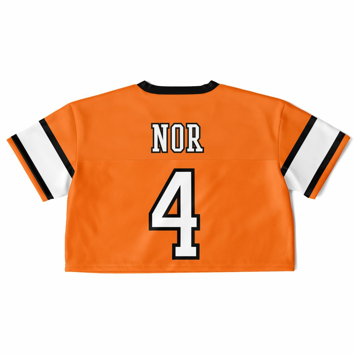 An orange short-sleeve sports jersey shown from the back, featuring the name 'NOR' and number '4' in white with black outlines, and white sleeve stripes with black and orange borders, on a plain white background.