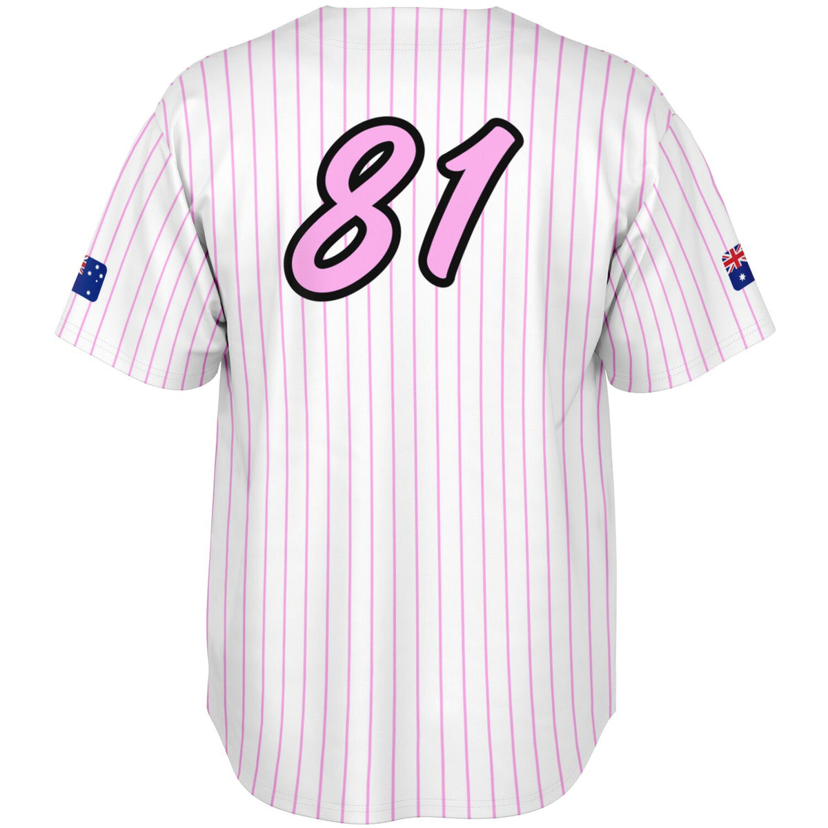 White short-sleeve jersey with thin pink vertical pinstripes, large pink number 81 outlined in black on the back, and small Australian flag patches on both sleeves.