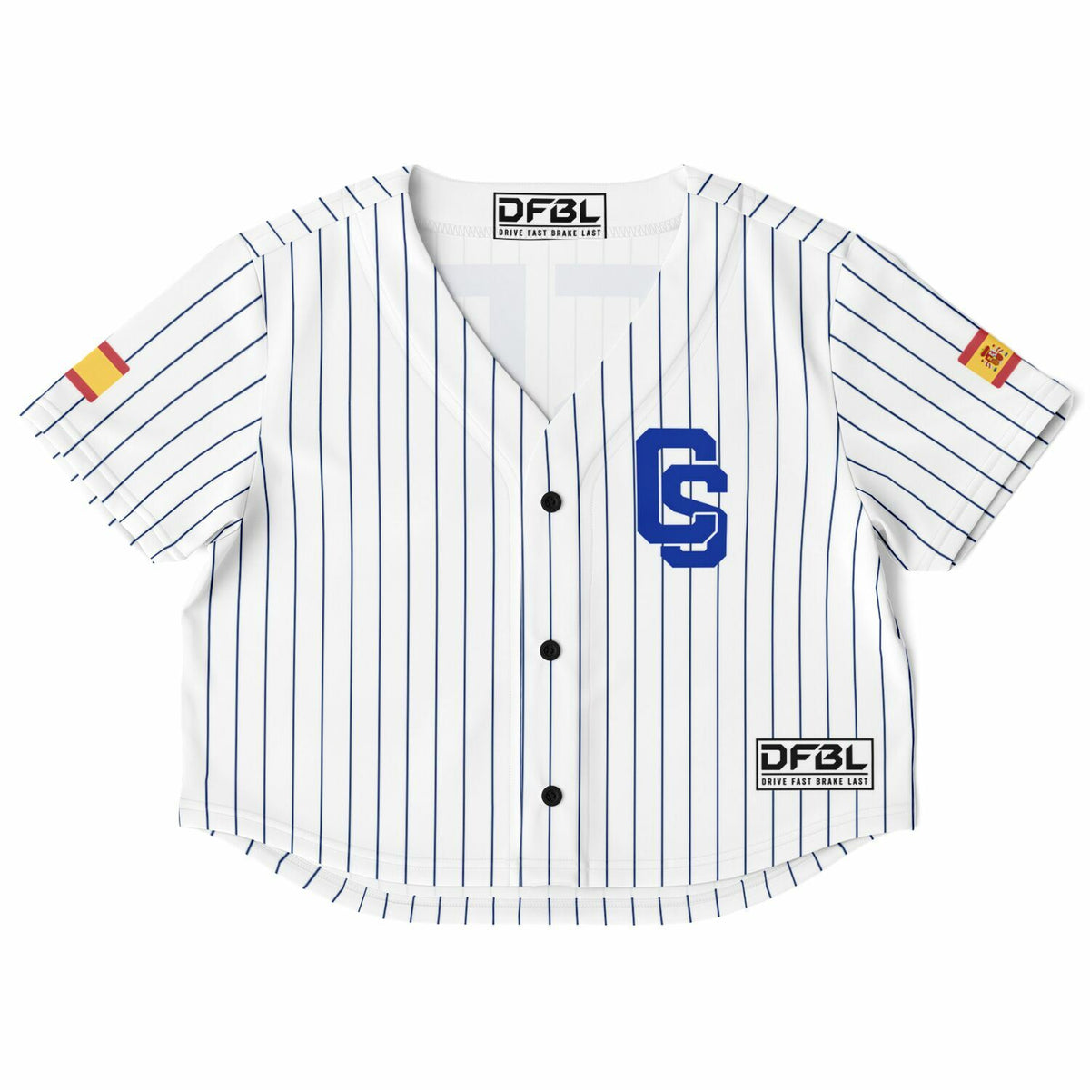 A white short-sleeve baseball-style crop top with thin navy vertical pinstripes, a blue 'GS' chest graphic, black front buttons, and small Spanish flag patches on both sleeves. The brand name 'DF3L' is visible on the inner neck label and lower right hem patch.