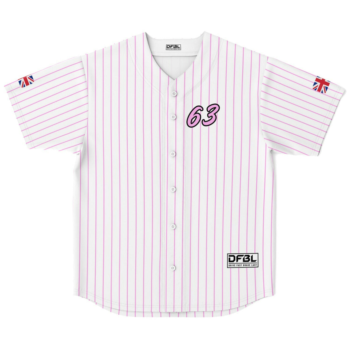 A white short-sleeve button-up baseball jersey with thin pink vertical pinstripes, featuring a purple '63' graphic on the left chest, a small Union Jack flag on each sleeve, and a black-and-white DF3L brand patch near the lower right hem.