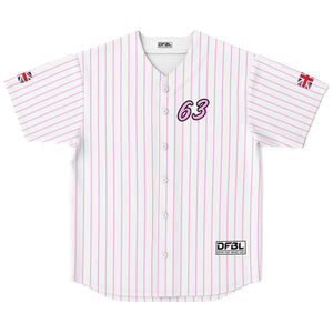 A white short-sleeve button-up baseball jersey with thin pink vertical pinstripes, featuring a purple '63' graphic on the left chest, a small Union Jack flag on each sleeve, and a black-and-white DF3L brand patch near the lower right hem.
