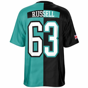 Back view of a split-color sports jersey with teal and black halves, featuring the name RUSSELL across the upper back and the number 63 in large white block letters with teal and black outlines.