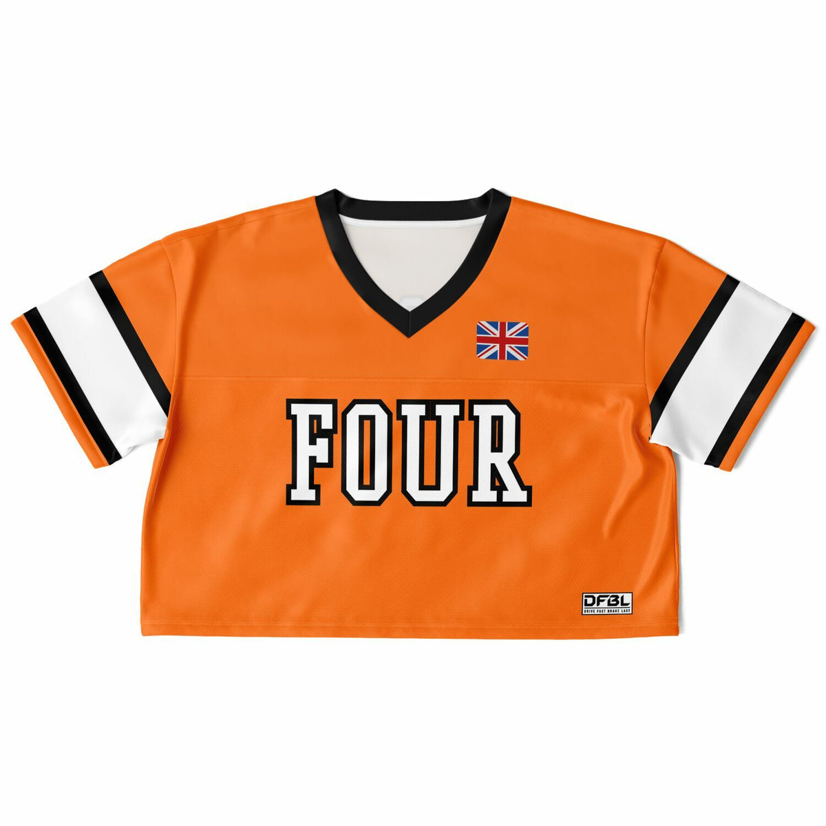 An orange short-sleeve cropped jersey-style top with a black and white V-neck, white and black striped sleeves, large 'FOUR' lettering across the chest, a small Union Jack flag graphic on the upper right chest, and a small 'DFGL' logo patch near the lower right hem, shown on a plain white background.