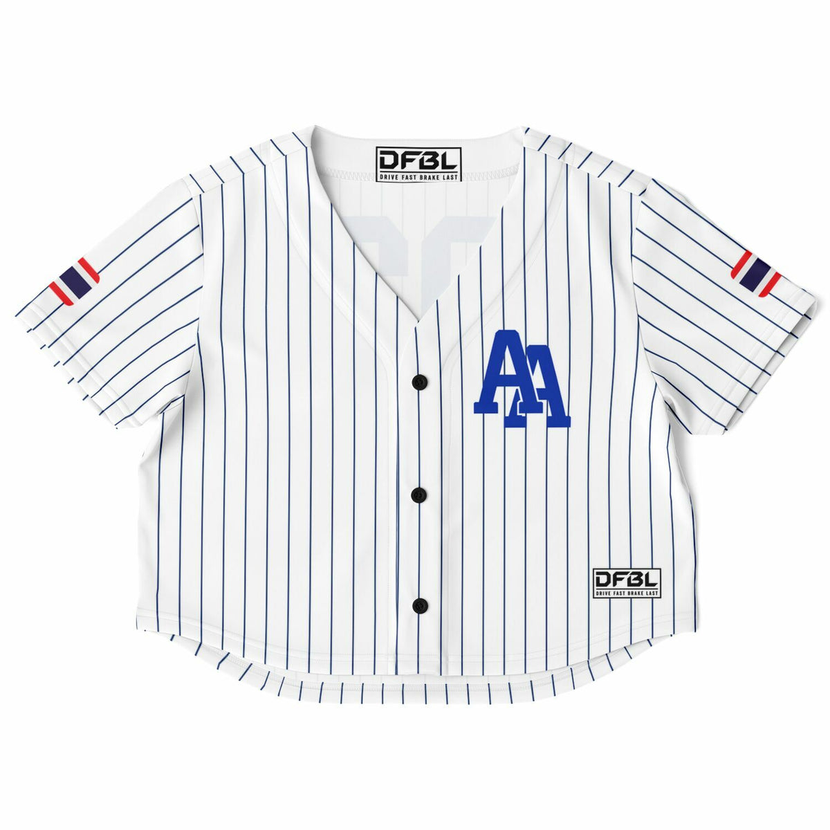 A white short-sleeve baseball-style crop top with thin navy vertical pinstripes, a blue 'AA' logo on the chest, and small red and navy sleeve accents. The brand name DF3L is visible on the inner neck label and lower right hem patch.